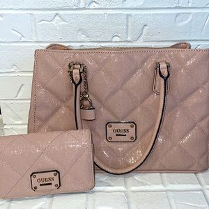 Guess Pink Quilted Patent Tote with Matching Wallet